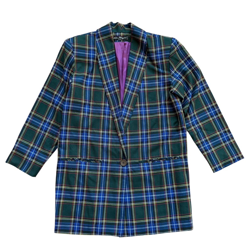 Salvatore Ferragamo Green Tartan Plaid Blazer Made in Italy Purple Lining Womens - Picture 3 of 10